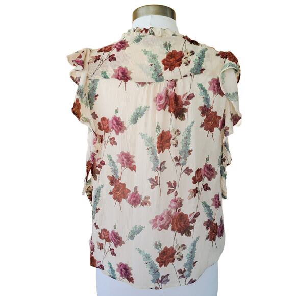 PAIGE Genie Floral Silk Chiffon Ruffle top Size Medium Nude Cream Multi V-neck - Picture 4 of 10